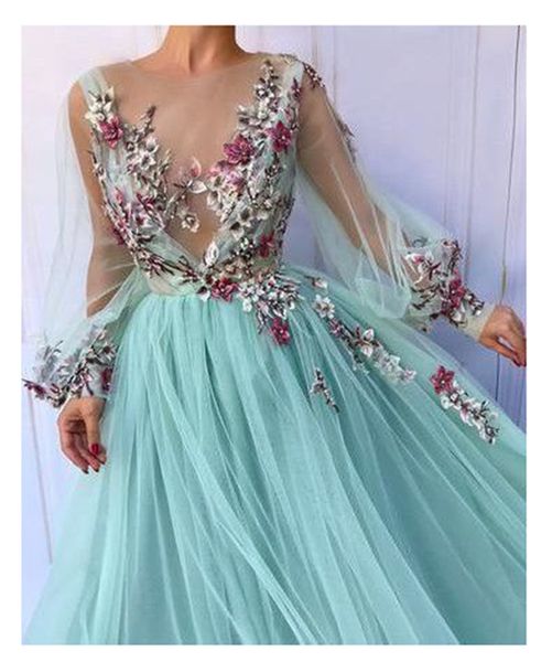 

2019 лето длинные рукава мята зеленый тулл пром платья robe de soiree вечерние платья погружаясь 3d цветы бисероплетение топ вечерние платья, Black