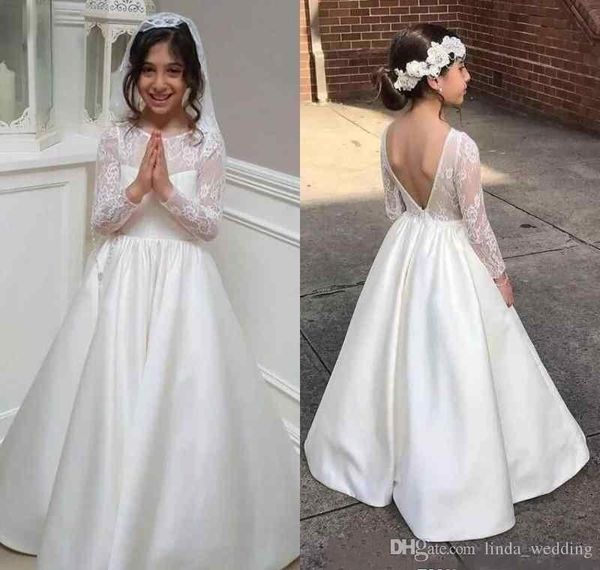 2019 Princesa blanca Barato Encantador Lindo Mangas largas de encaje Sin espalda Vestidos de niña de flores Hija Niño bonito Niños Primer vestido de comunión