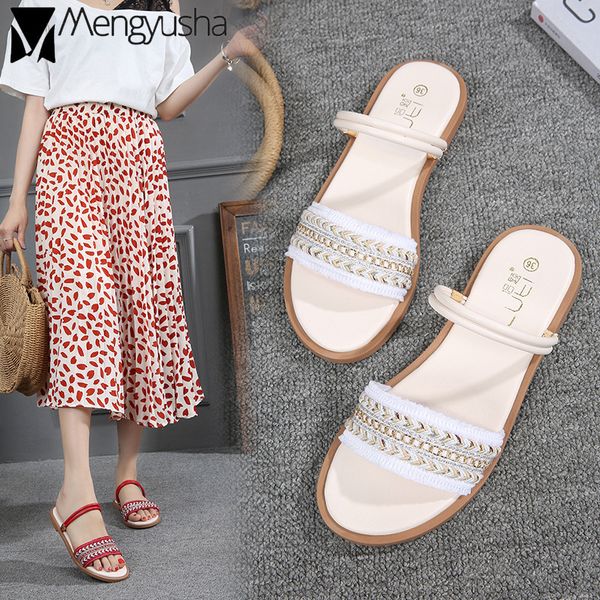 

chains pantoufle femme 2-wear ethnic slides women summer beach flat slippers shoes new splicing sandals flipflop, Black