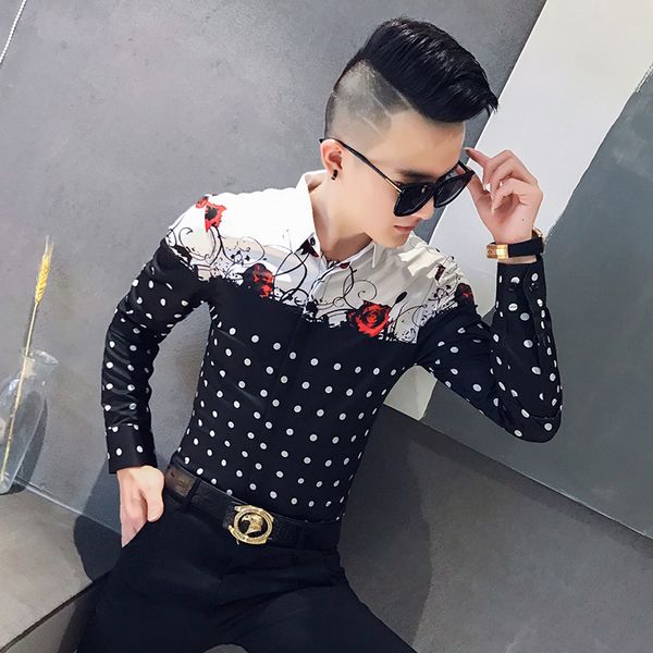 

flower shirt men kemeja pria camisa masculina spring autumn luxury social men club shirt rose dot printing splice long sleeve, White;black
