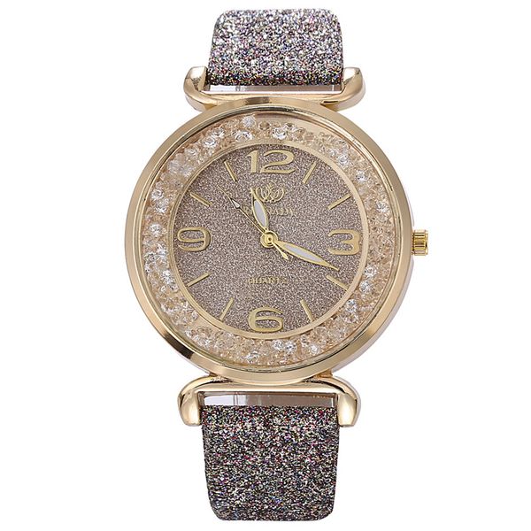 

women luxury watch leather strap round dial adjustable quartz buckle clasp crystal rhinestone wrist analog, Slivery;brown