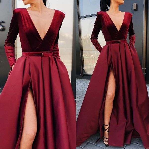 

burgundy deep v neck formal evening dresses a line satin long sleeves side split evening prom gowns with pockets vintage party wear, Black;red