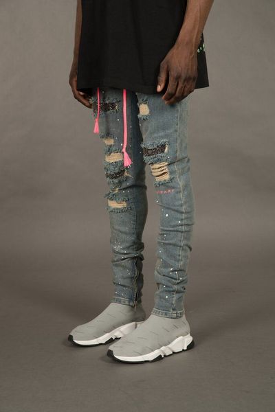 

новая мода рваные старые джинсы мужские рваные тощий мотоцикл джинсы фрай патч джинсы джинсовые брюки nk75, Blue