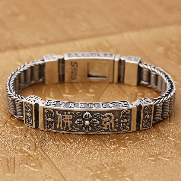 

s925 sterling silver buddha word six words mantra hand-woven thai silver retro diamonds men and women bracelet homme, Golden;silver