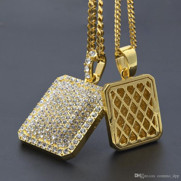 

hip hop men's rhinestone square pendant necklace gold filled blingbling military license charm cuban chain for man hip-hop jewelry, Silver