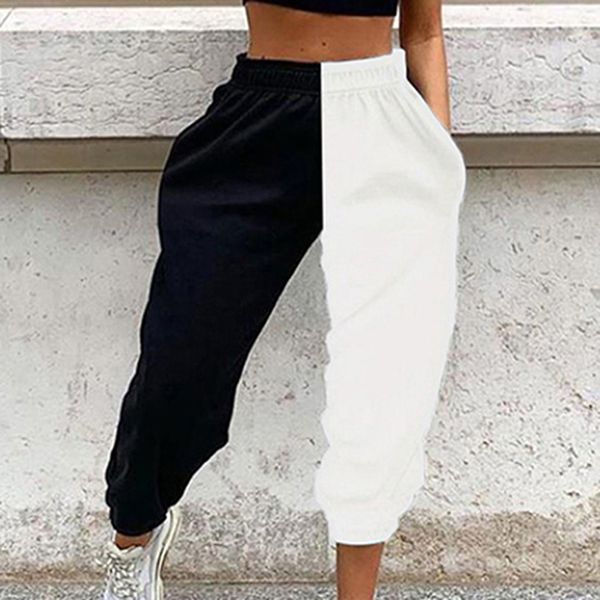 

casual sporty women sweatpants spring fashion 2020 patchwork trousers workout high waist color blocking long pants slim, Black;blue