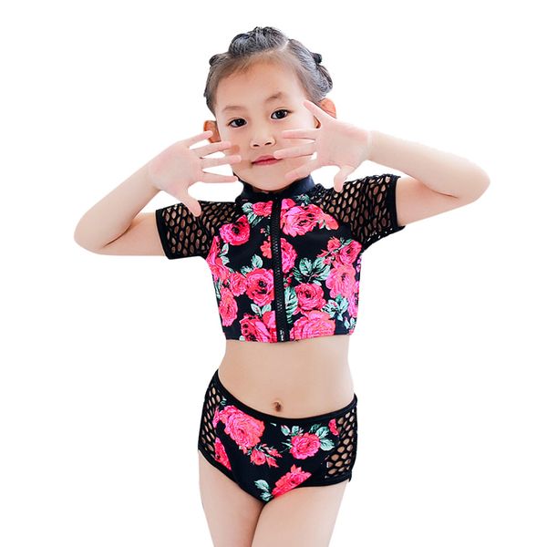 

2019 new baby swimsuit toddler kid baby girls three pices short sleeve floral pool beach swimwear suits bikini sets 5.28, White