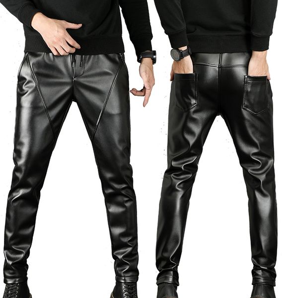 

men's pants 2021 waterproof windproof thicken pu leather adolescents locomotive leisure, Black