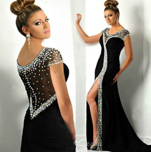 

luxury crystals beaded long evening prom dresses 2018 see though back black arabic gowns with side split pageant robes de soirée