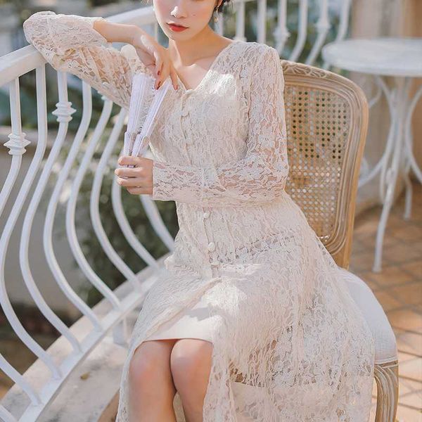 

mazefeng новые 2020 весна осень женщина платья кружево однобортного v-образный вырез твердой повседневная моды a-линия из двух частей платья, Black;gray