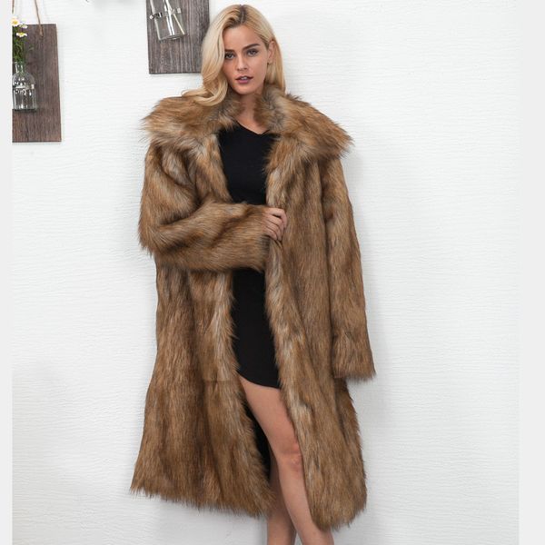 

womens plus size faux fur coat 2019winter new style long slim thicken warm hairy jacket trendy warm outerwear fur coat wholesale, Black