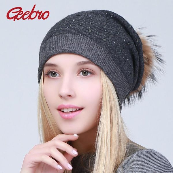 

geebro women's wool knitted hat winter warm cashmere beanies with raccoon fur pompom ladies solid colors cap with rhinestones, Blue;gray