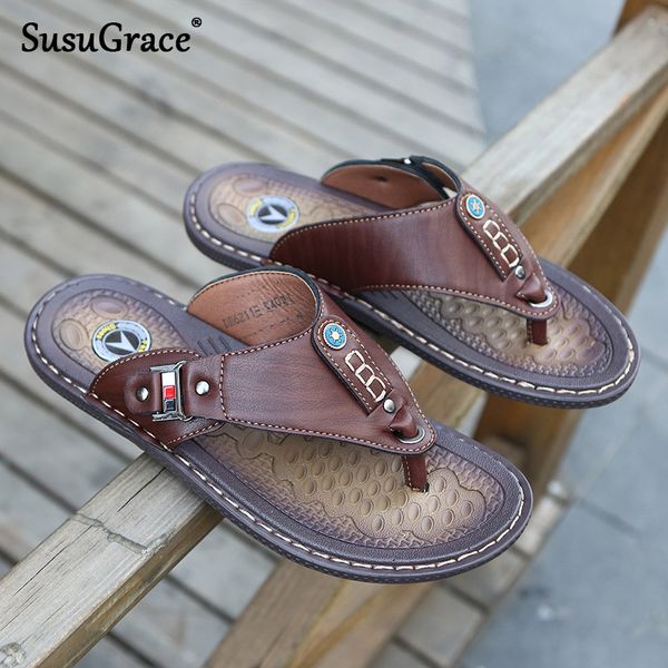 

valstone men's summer flip flops vintage pu slippers retro style beach walking shoes male sandals brown coffee colors, Black