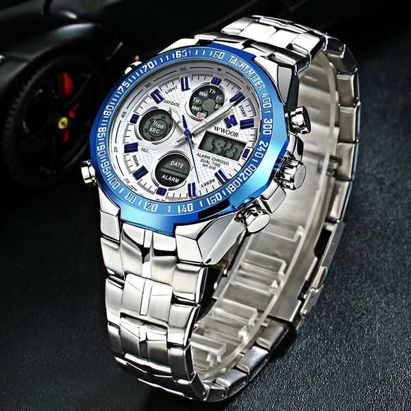 

wwoor men waterproof sports watches dual display quartz led digital army all steel watch relogio masculino dropshipping, Slivery;brown