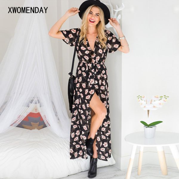 

boho floral print mid dress womens summer beach casual long sundress female 2020 vogue vintage loose yellow sunflower dresses, Black;gray