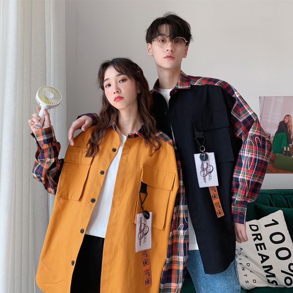 

plaid patchwork hip hop shirt men autumn harajuku front pocket long sleeve shirt lover hi-end fashion flannel shirts for men, White;black