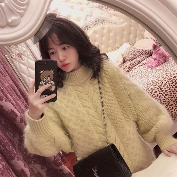 

winter autumn women splice knitted pullover long sweater solid lantern sleeve o neck casual warm sweater 2019 thick jumpers, White;black