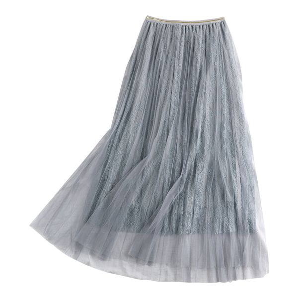 

2019 new summer lace embroidered women pleated skirt korean casual loose high waist slim long tutu skirt faldas mujer moda, Black