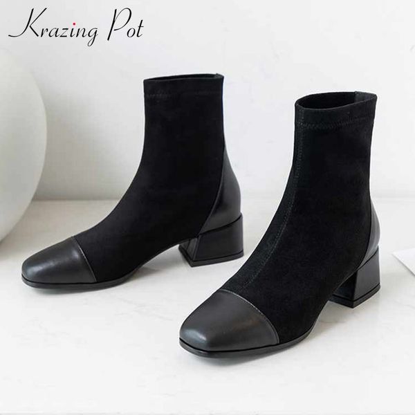 

krazing pot cow leather patchwork flock boots fashion concise square toe med heels women warm slip on stretch ankle boots l9f1, Black