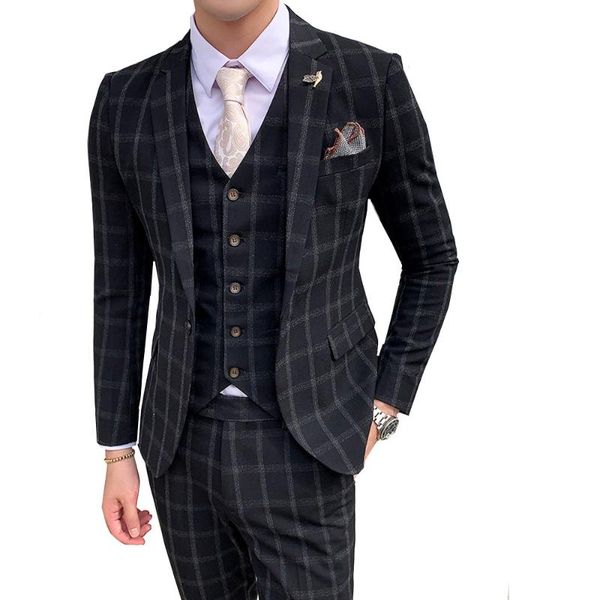 

мужские костюмы 2019 slim fit мужские блейзеры (куртка+брюки+жилет) 3 шт решетчатый костюм свадебные костюмы бизнес формальная вечеринка кла, White;black