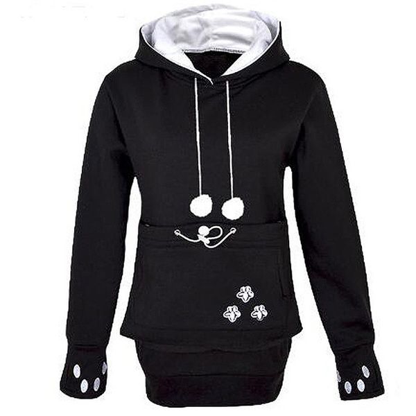 

plus size long sleeve embroidery women big pocket sweatshirts with cuddle pouch dog cat pet hoodies casual pullovers, Black