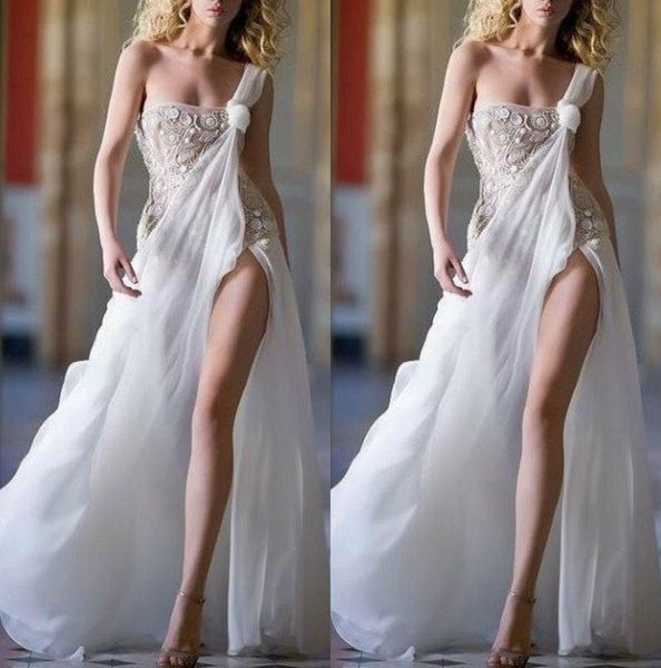 

boho a line wedding dresses one shoulder appliqued bridal gowns split beach wedding dress cheap, White