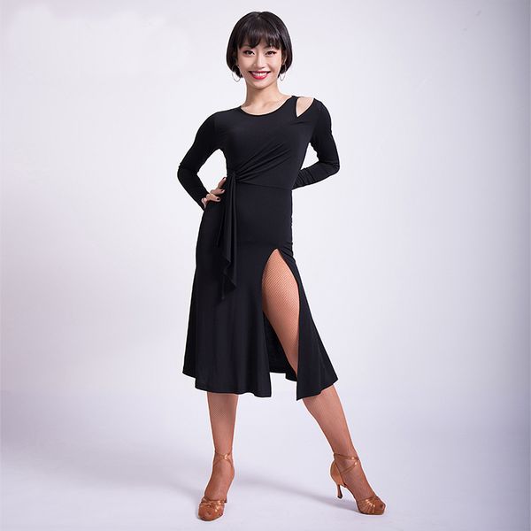 

modern cutout long sleeve placketing latin dance one-piece dress for female women ballroom costumes flamengo wears m3178, Black;red