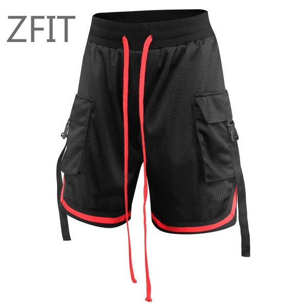

side ribbon multi pockets cargo shorts mens casual summer running shorts gym sports male joggers training men, Black;blue