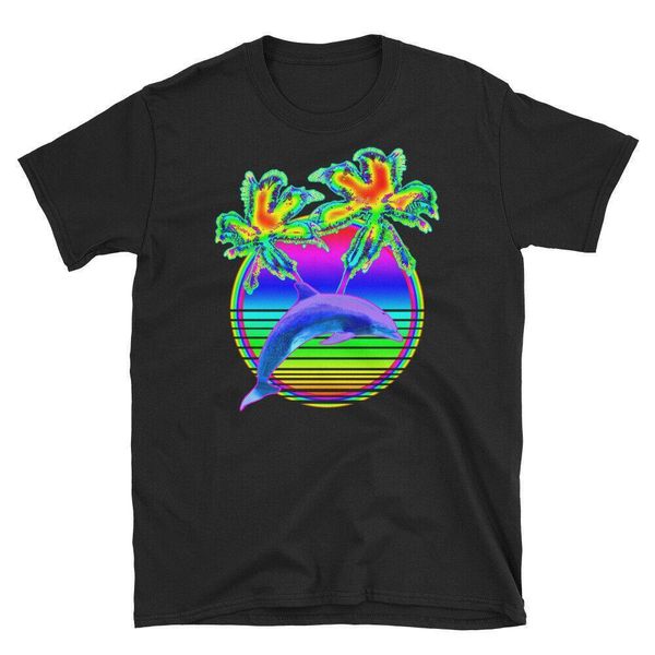

retro sun rainbow summer palm trees infared t shirt dolphins lover colors funny tee shirt, White;black