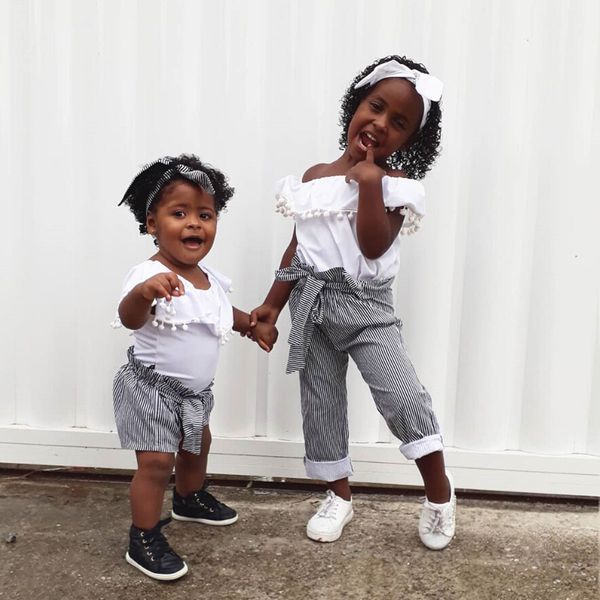 

kids girls princess summer clothing cute baby girl clothes sleeveless ruffles collar off-shoulder +bow striped pants 1-6t, White