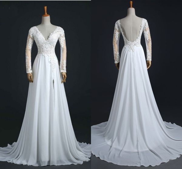 

fashion v neck bohemian wedding dresses gown long illusion sleeves high slit chiffon lace backless wedding bridal gowns plus size new, White