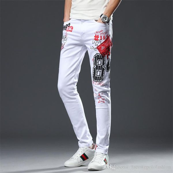 

mens designer white jeans fashion print slim zipper fly pencil pants homme light washed long trousers, Blue
