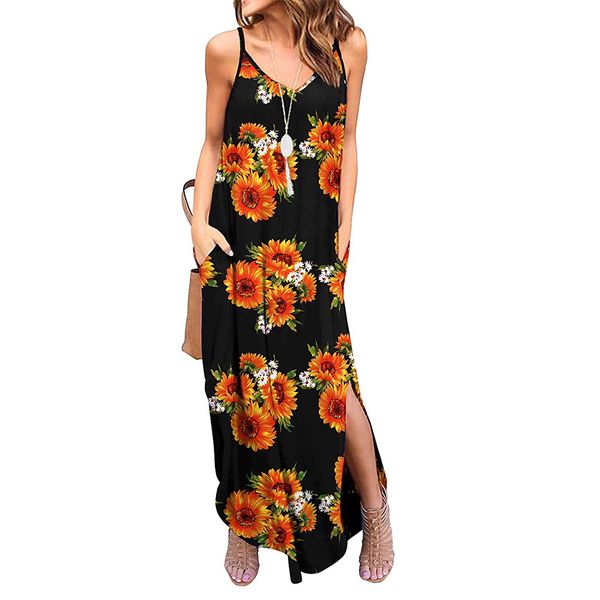 

ladies print floral long dress boho bohemian beach summer dress women sundress v-neck sleeveless strap maxi vintage dress vestido, Black;gray