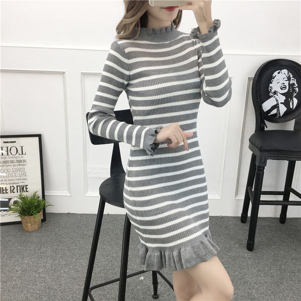 

2018 autumn & winter new style korean-style mid-length stripes half-turtle-neck long sleeve sweater slim fit slimming dress wome, White;black