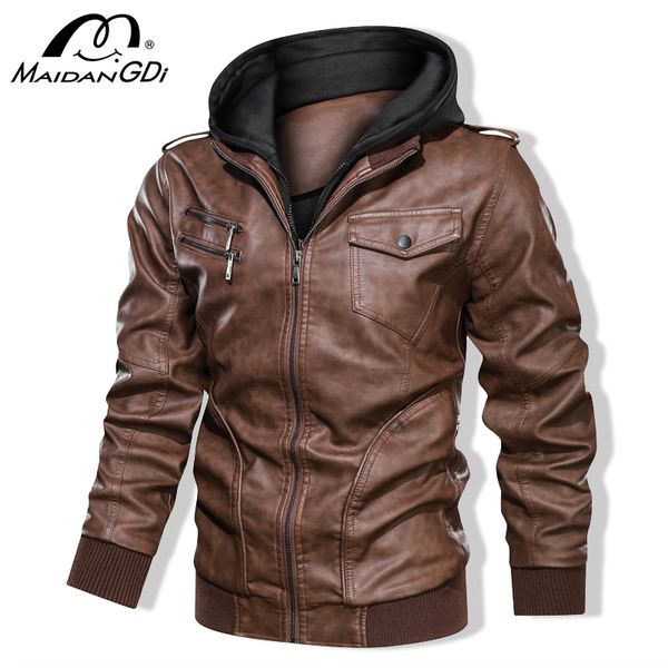 

men's jackets maidangdi pu leather clothing coat 2021 warm autumn casual hooded outwear large size brand, Black;brown