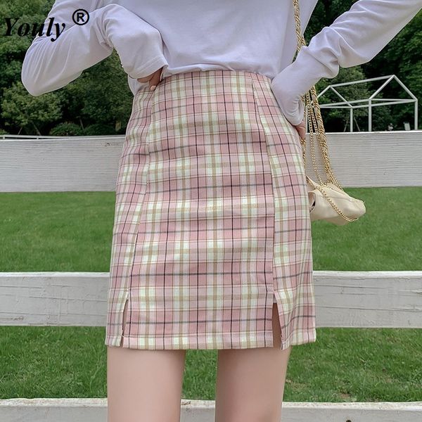 

harajuku high waist split short skirt streetwear women 2020 tartan print a-line skirt ladies girl slim plaid mini, Black