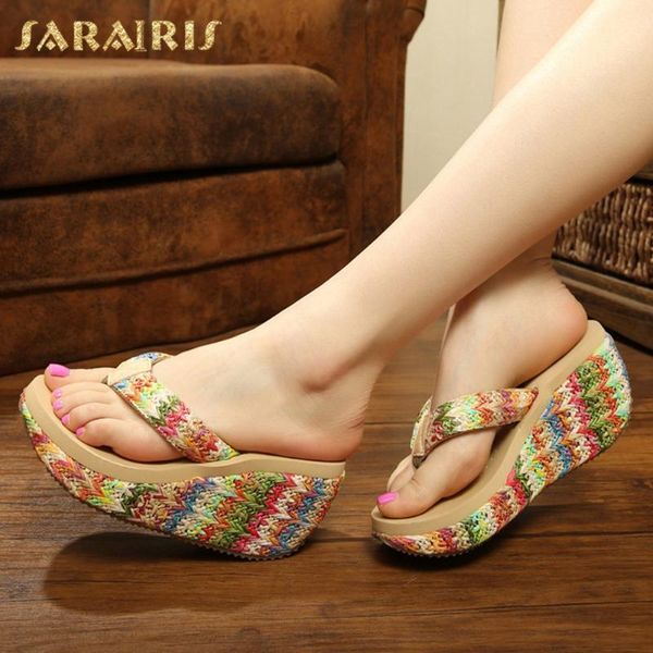 

sarairis 2020 new design wholesale wedge high heels mix color shoes woman slippers platform outside summer slippers women, Black