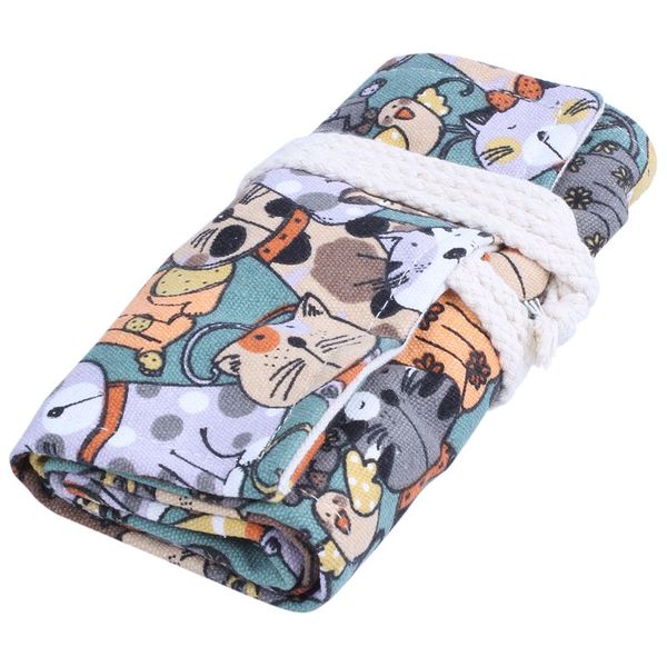 

48 hole big face cat cartoon canvas wrap roll up pencil case pen brush bag