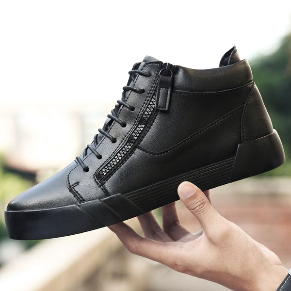 

man casual sneakers man elevator shoes invisible 6cm height increase leather mens shoes leisure 2019 new cow leather casual shoe, Black
