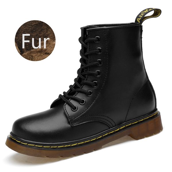 

women boots doc martins fur snow boots split leather women winter snow shoes motorcycle men martin botas negras mujer, Black