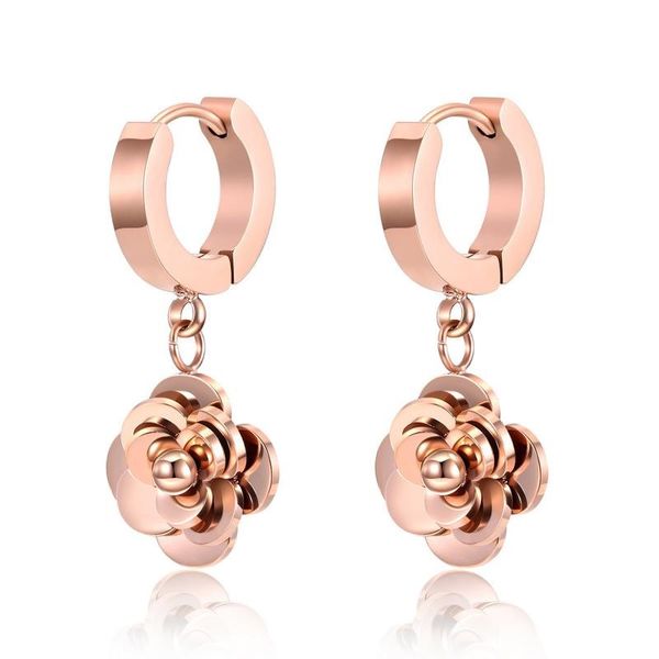 

fashion luxury designer rose gold titanium elegant camillia flower pendant circle stud clip on earrings for woman, Golden;silver