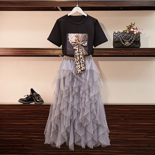 

2019 summer fashion women's set leopard printed bow t shirts + elastic waist irregular mesh maxi skirts suit 2 pieces sets, White