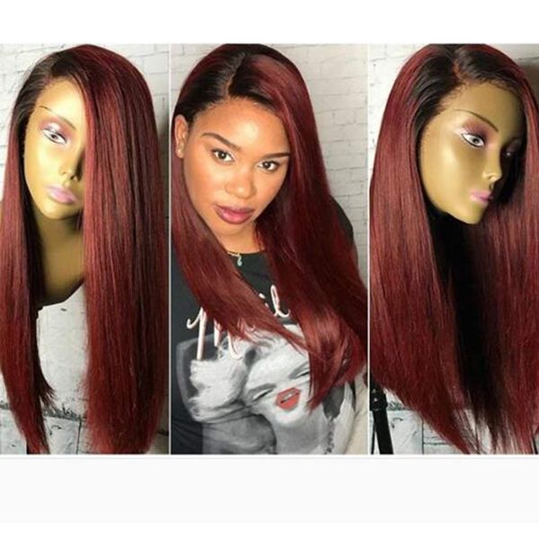 

парики фронта шнурка девственные человеческие волосы 130% плотность ombre # 1b / 99j цвет полные кружева парики человеческих волос с волосам, Black