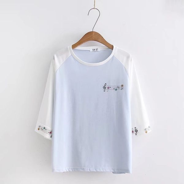 

japanese women's spring summer clothing small fresh note printing seven-point sleeve t-shirt student girl loose bottoming shirt, White