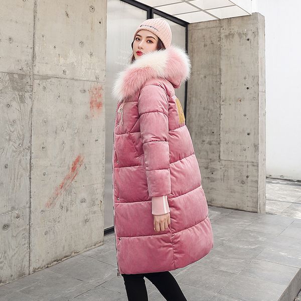 

2019 new pleuche fabric women winter jacket cotton padded warm thicken big fur collar ladies long coats parka womens jackets, Black
