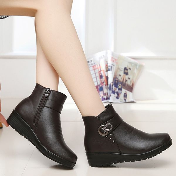 

women's boots soft leather office lady fashion wedge cotton shoes female thickening warm snow boots short chaussures femme, Black