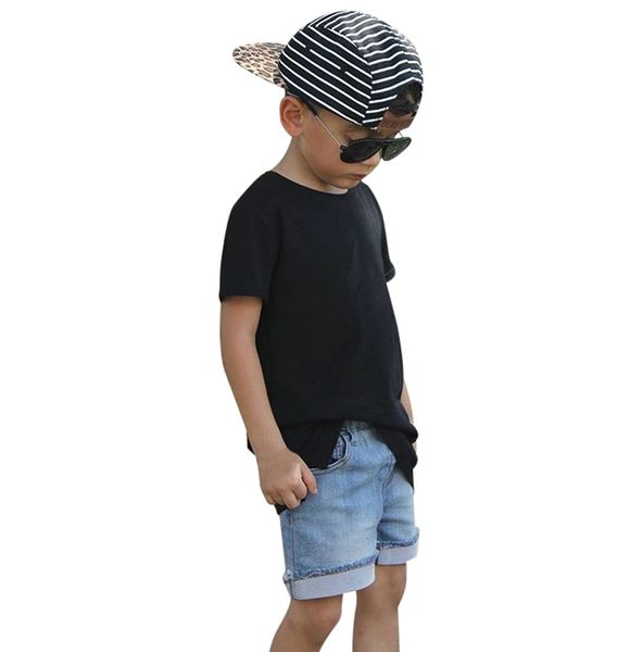 

2019 new fashion children set children baby boy kid soild t shirt +denim shorts outfits set gh, White