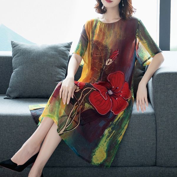 

silk dress female summer new retro print slim short-sleeved dress large size l-4xl elegant and comfortable vestidos, Black;gray