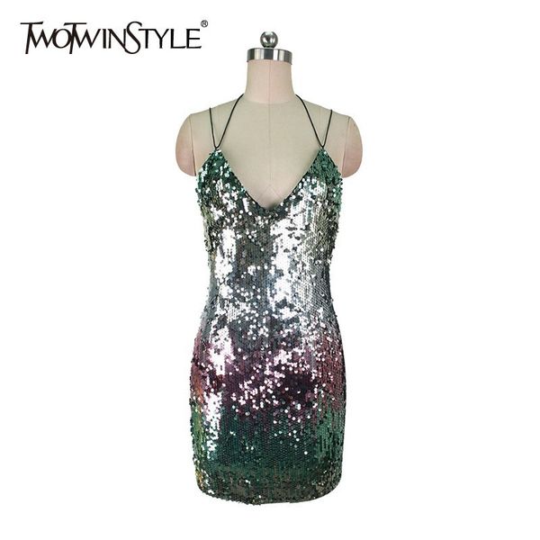 

twotwinstyle sequined patchwork sleeveless women dress off shoulder backless high waist slim party dresses female fashion, Black;gray