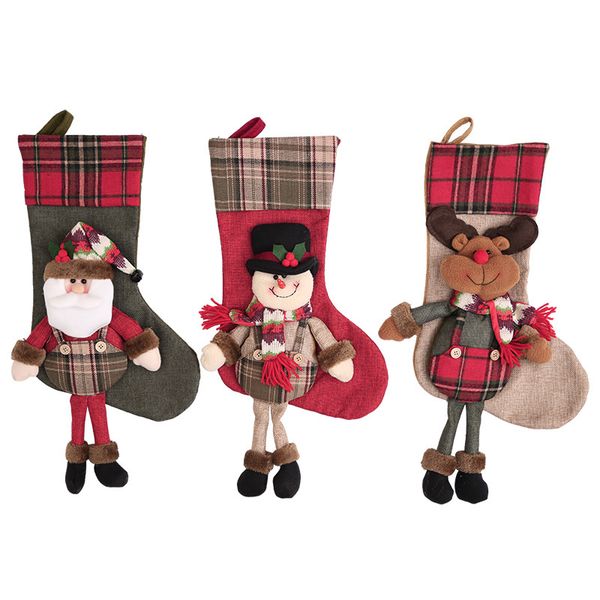 

large christmas stockings hanging plaid linen stereo socks gift bag fireplace home decoration tree ornaments candy socks